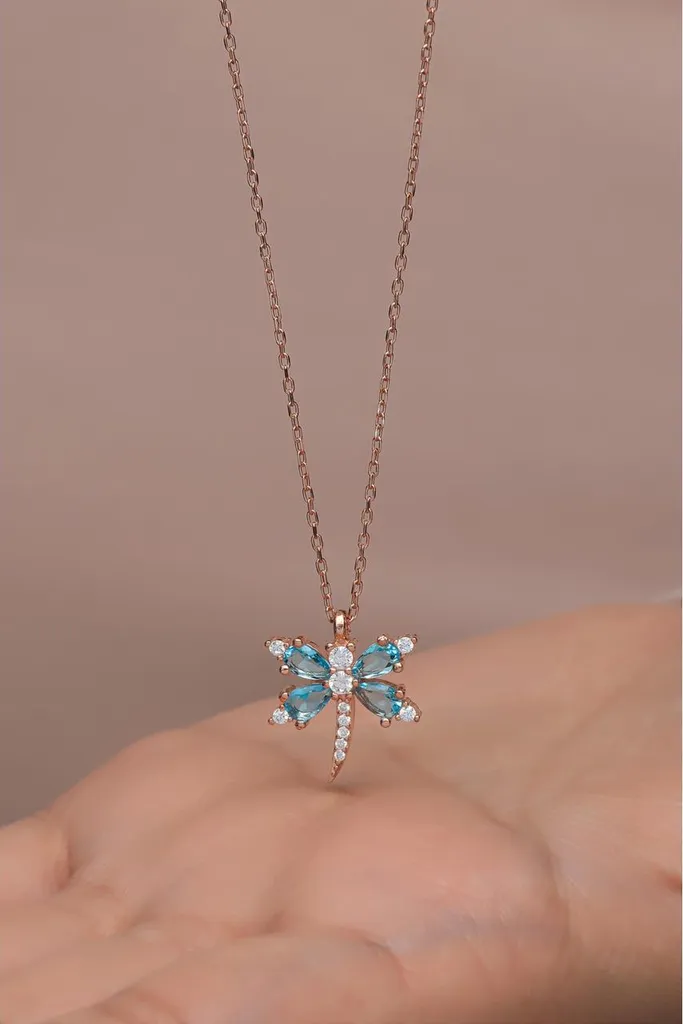 Pendentif Libellule Aigue-marine et Argent 925 avec Détails Rose Gold