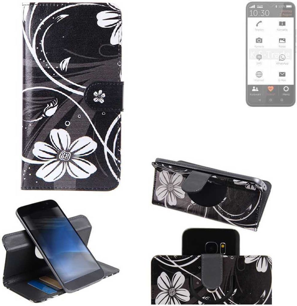 K-S-Trade Schutzhülle Handyhülle kompatibel mit Gigaset GS5 Senior Hülle 360° Wallet Case “Flowers“ Klapphülle Hülle schwarz-weiß 1x