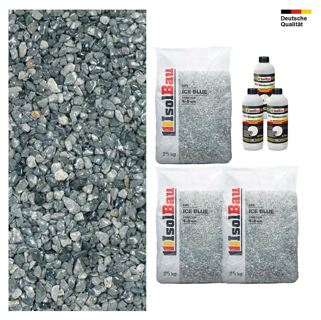 Steinteppich SET Ice Blue 4-8mm Marmorkies 75kg + PU-Bindemittel Set für 7,5m²