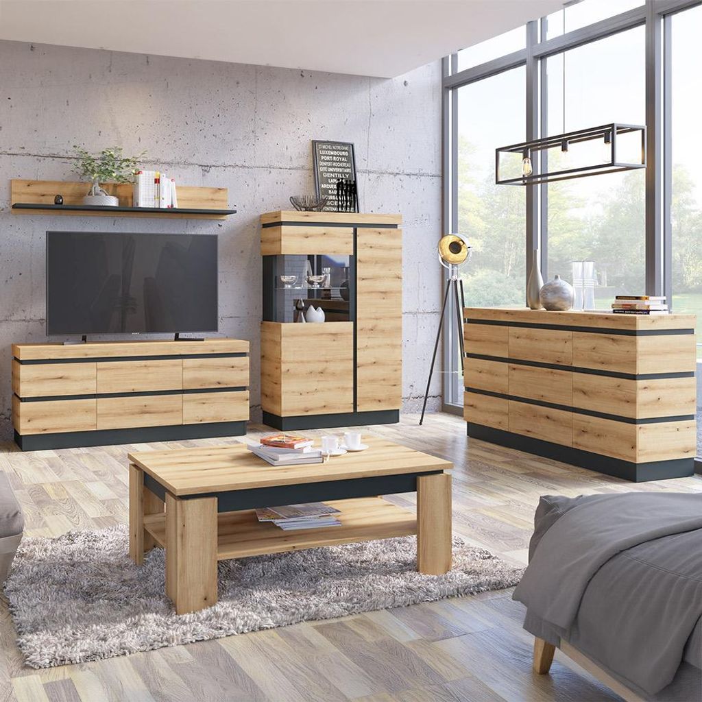 Wohnmöbel-Set in Eiche, mit Sideboard und Couchtisch, inkl. LED-Beleuchtung, 5-teilig - COLCHESTER-129