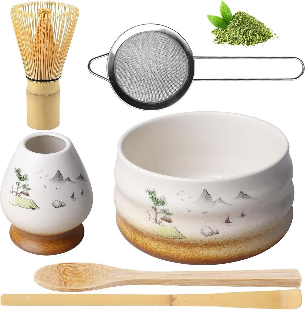 6-teiliges Matcha-Besen-Set mit Schneebesen, Schüssel, Löffel, Sieb, Besenhalter - Keramisches Japanisches Teeset für Matcha-Tee - Handset für ...