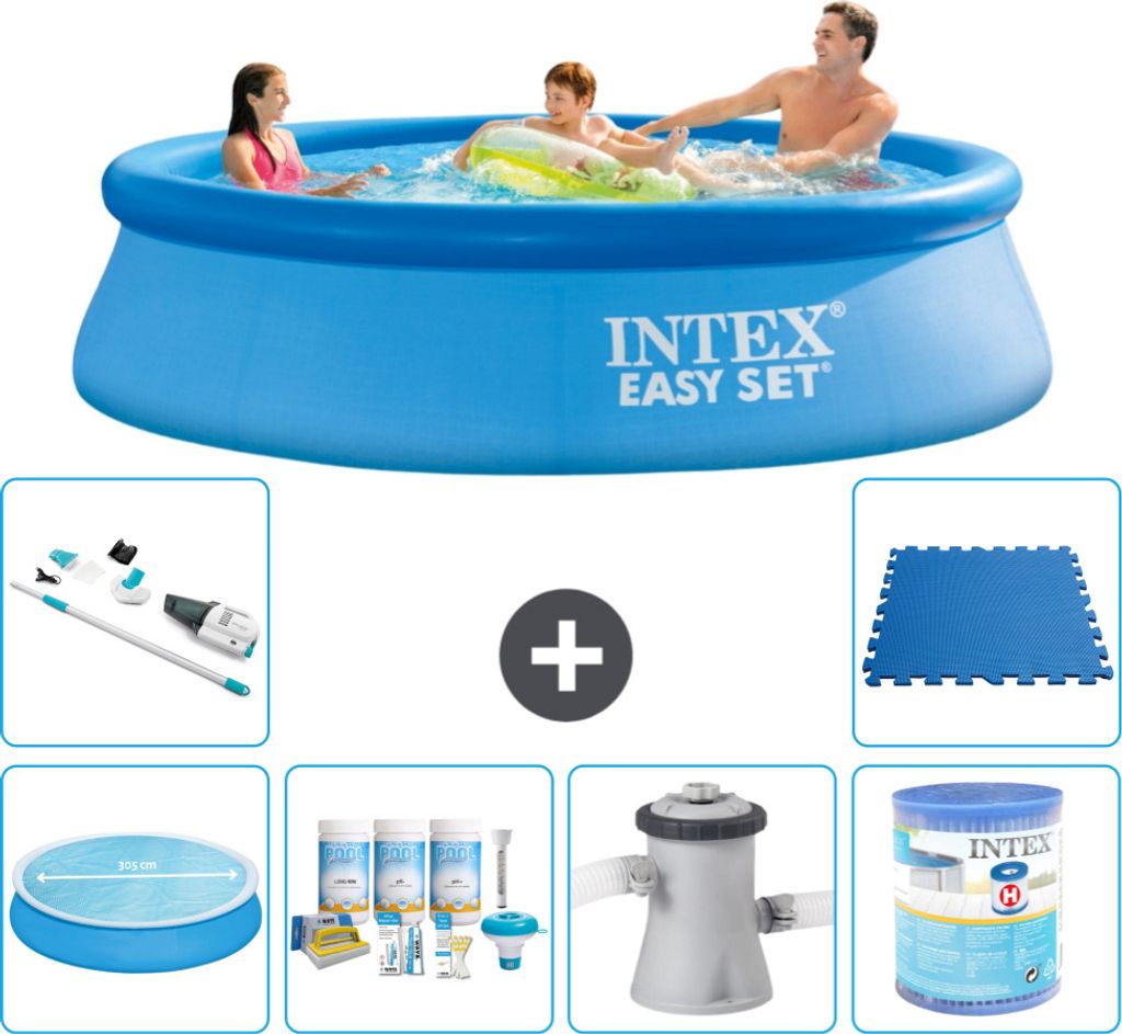 Intex runder aufblasbarer Easy Set-Pool – 305 x 76 cm – Blau – im Lieferumfang enthalten Sonnensegel - Wartungspaket - Filterpumpe für Schwi...