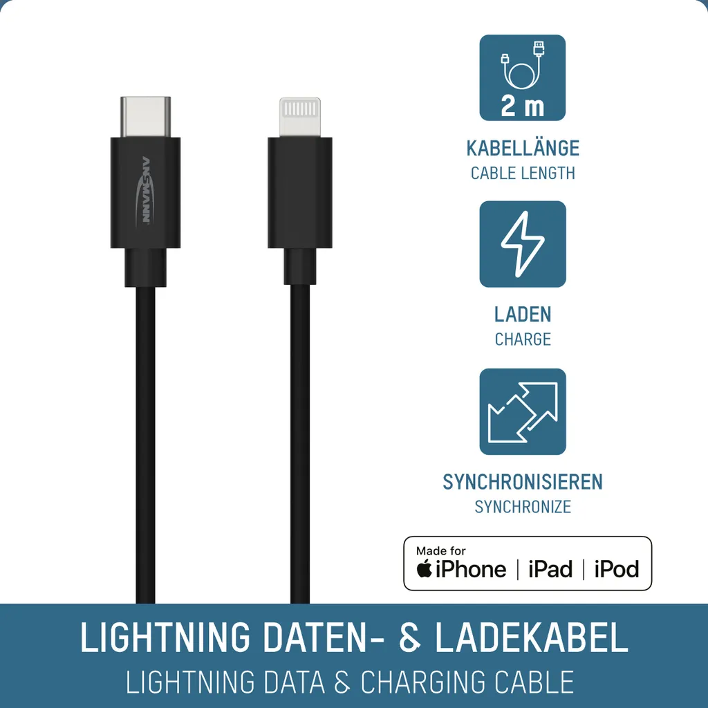 Câble Lightning USB-C ANSMANN 1700-0107 Robuste et Long de 2 Mètres - 2