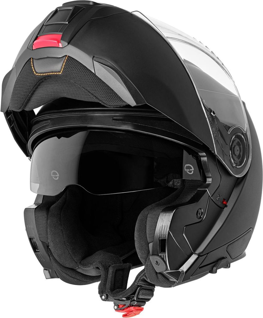 A black motorcycle helmet with the chin bar lifted.