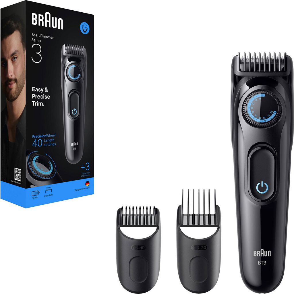 A product shot of a Braun beard trimmer and its accessories, with packaging on the left.
