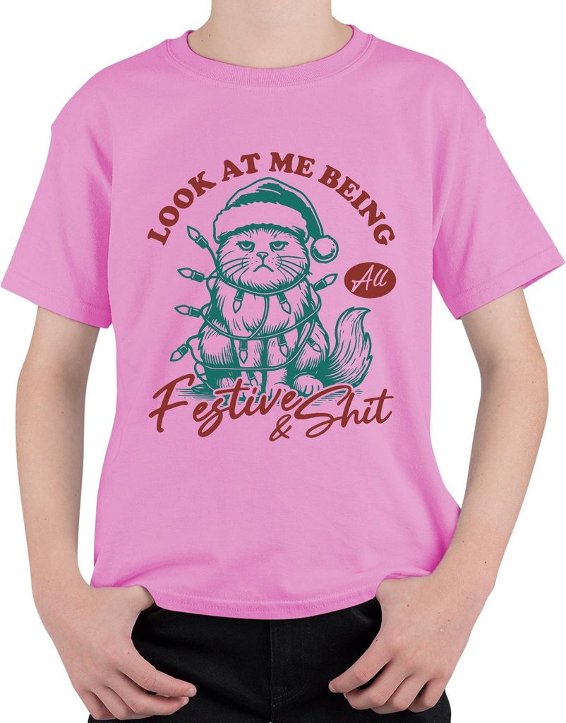 Look At Me Being All Festive And Shit Grumpy Cat Weihnachten Uni Kinder T-Shirt, Pink, 140