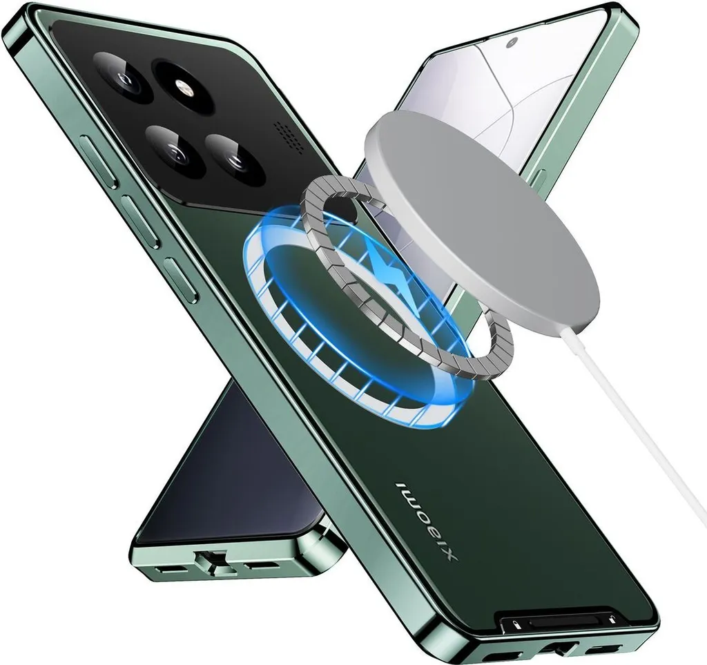 Custodia in metallo per Xiaomi 14 Pro traslucida opaca con bobina magnetica e protezione della fotocamera verde