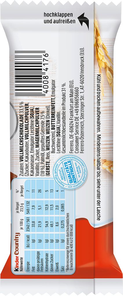 Kinder Country nadziewana mleczna czekolada z płatkami Zdjęcie produktu 7