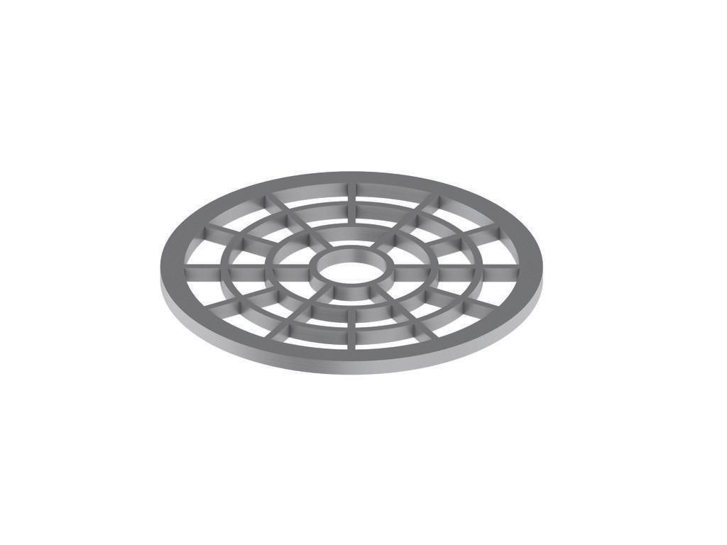 A 3D render of a circular drain grate with a grid pattern.