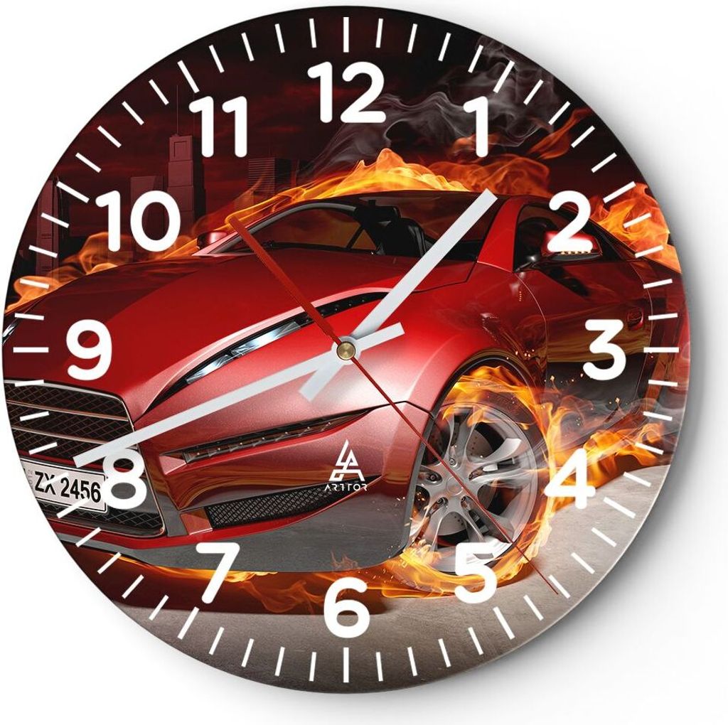 Wanduhr - Rund - Glasuhr - Auto Flammen Rot - 30x30cm - Schleichendes Uhrwerk - Lautlos - zum Aufhängen bereit - Dekoration Modern - Wanddekoratio...