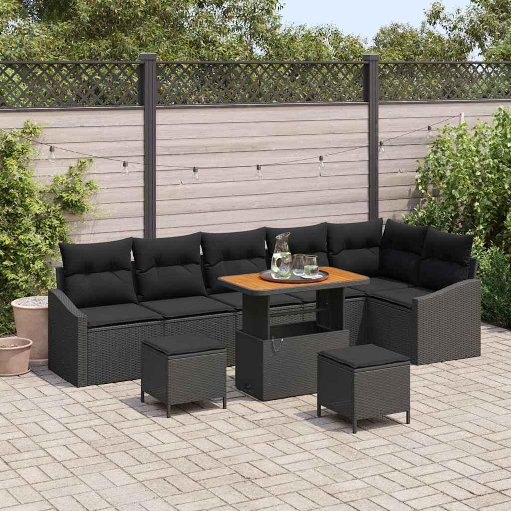 "Rabatt" Garten-Sofa-Set - Balkonmöbel/Terrassenmöbel - mit Kissen 9 pcs Schwarz Poly Rattan - Lounge-Dining set CC13355