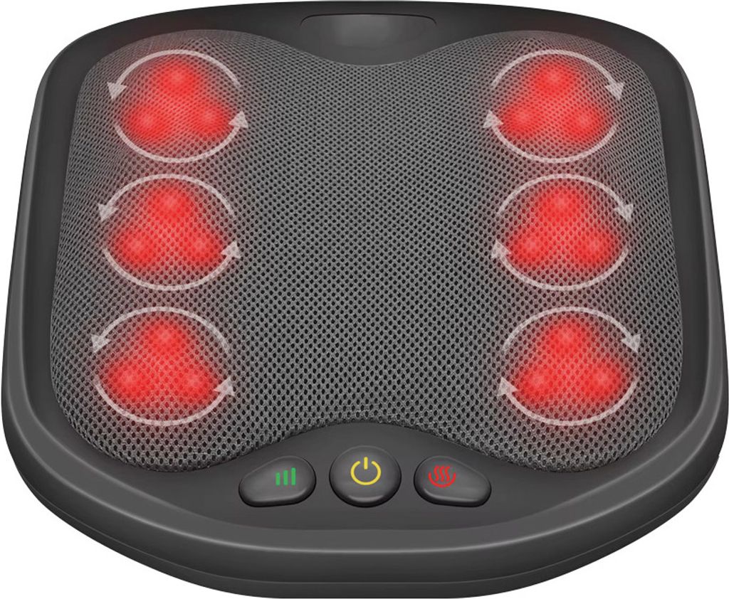 A top-down view of a black foot massager with red heating elements and arrows indicating rotation.