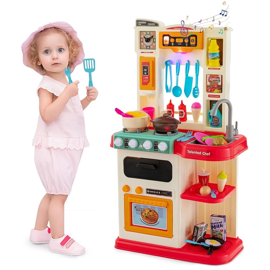 GOPLUS Kinderküche 38-tlg. Spielzeugküchenset mit Spülen-Knopfleiste, Kochherd mit Brause, Licht & Ton, Kinderspielküche für Kinder ab 3 Jahren