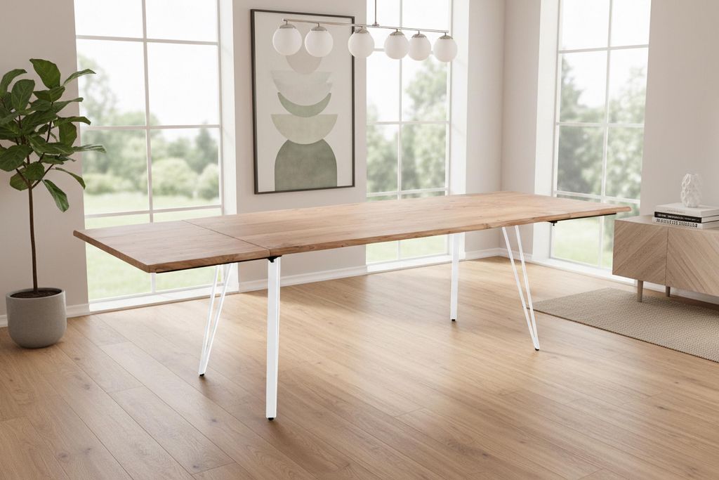 Esstisch Baumkante Akazie natur 160(260)x90 Ansteckplatten Vierfuß-Gestell weiß AVINO