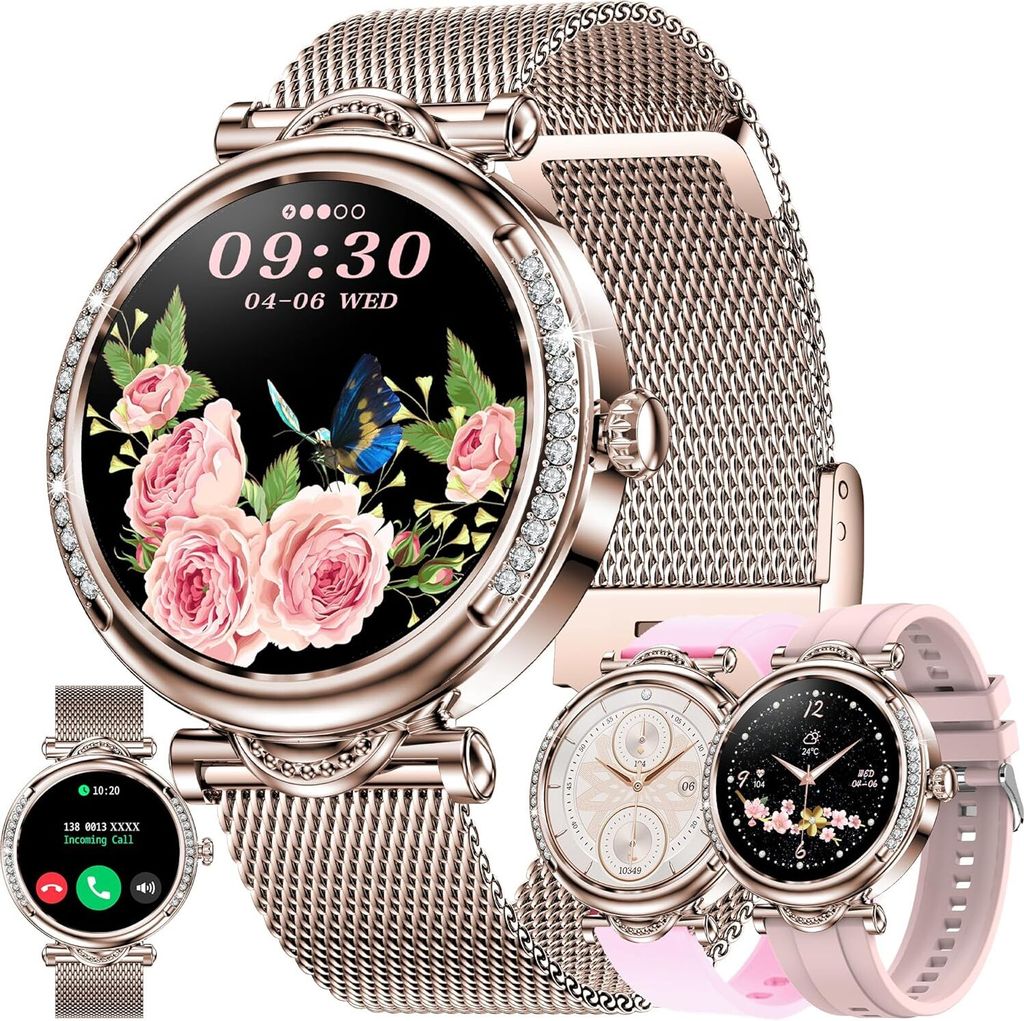 Smartwatch Damen mit Telefonfunktion, 1,27 Zoll Stahl mit Diamant|123 Sport|SpO2|Menstruationszyklus|Herzfrequenzmonitor|Schlafmonitor|Sportuhr