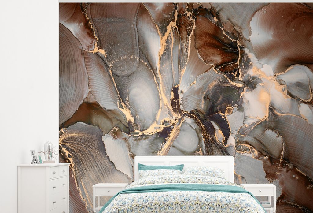 MuchoWow Fototapete für Wohnzimmer oder Schlafzimmer Wandtapete Vinyl Motivtapete Grau - Gold - Marmor - 325x260 cm - Tapete