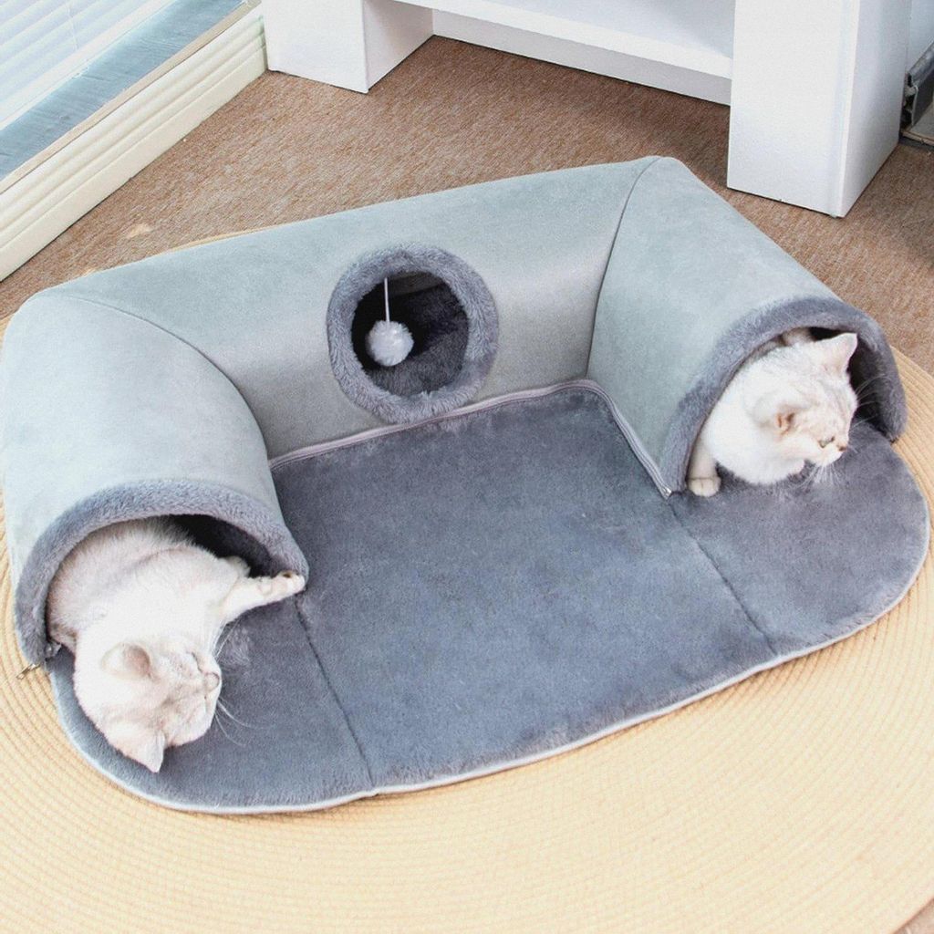 Katzentunnel Katzenbett 2-in-1 Katzen Spieltunnel Mit Hängendem Ballspielzeug, Waschbare Katzenbetthöhle Faltbares Katzen Bett Cat Tunnel Für Kl...