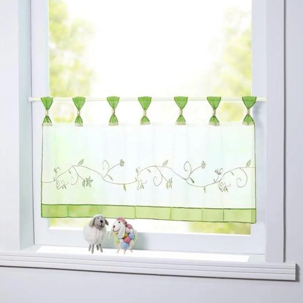 Brise-vue vitrage droit rideau à fleurs vert 45x90 cm décoratif été