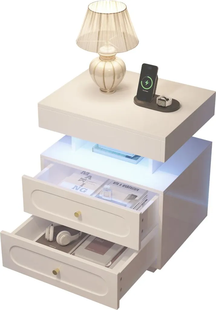 Commode de nuit blanche à LED avec compartiment ouvert et double tiroir - 9