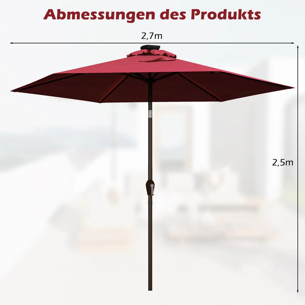 COSTWAY Ombrellone 270 cm con illuminazione solare a LED e manovella Ombrellone a semaforo Ombrellone da giardino Ombrellone da mercato Ombrellone da spiaggia Ombrellone a manovella Ombrellone rosso vino - 6