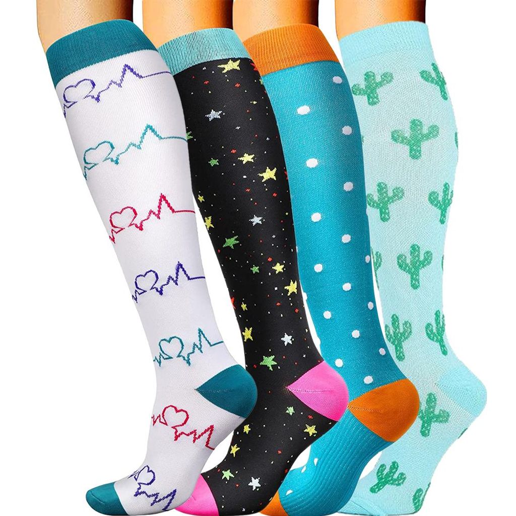 4 Paar bunte Kompressionsstrümpfe Damen Reisestrümpfe mit Motiv, Gr.36-41, A0376