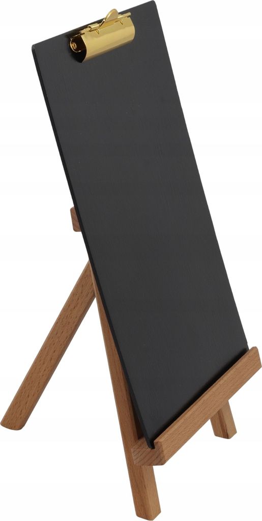 Staffelei + A4 Unterlage, Aufsteller, Clipboard aus Holz mit goldenem Clip