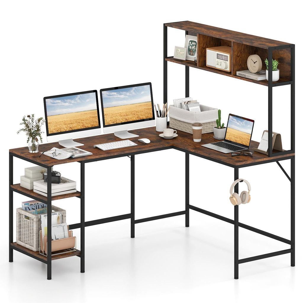 COSTWAY Schreibtisch, Eckschreibtisch mit Bücherregal, 2 Ablagen & Kopfhörerhaken, 150x120cm Gaming Tisch Computertisch aus Holz, Arbeitstisch, B...