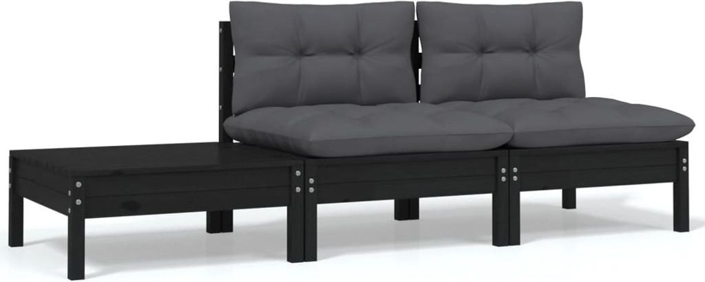 "2026 Promotion" 3-tlg. Garten-Lounge-Set mit Kissen Schwarz Kiefer Massivholz - Gartenstühle CC27225