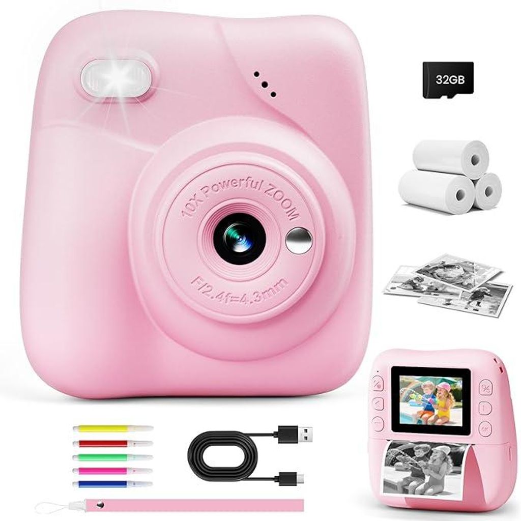 Kinder Sofortbildkamera mit 1080P Video, 48MP Digitalkamera, tintenloser Sofortdruck, 32GB Speicherkarte & 3 Druckpapierrollen, Geschen 3–12 Jahre