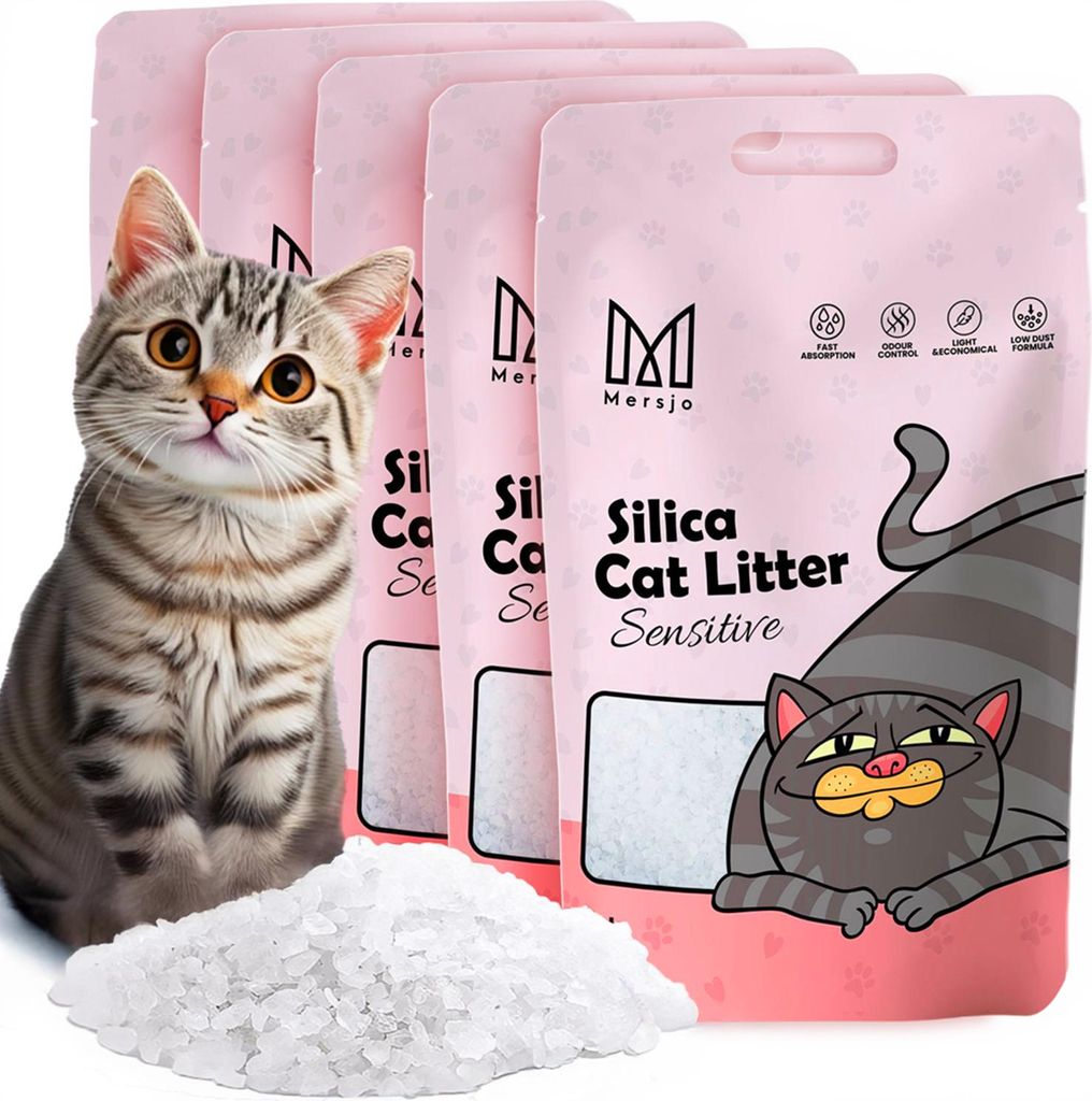 A product image featuring multiple bags of cat litter and a pile of the litter itself, with a cartoon cat illustration on the packaging.