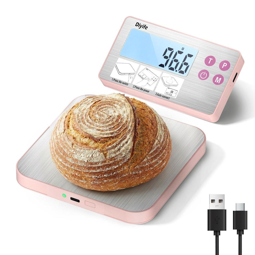 Digitale Küchenwaage 15 kg Rosa, Geteiltes Design, 304 Edelstahl, USB Aufladung, LCD Display, Tara & Zählfunktion, Präzise