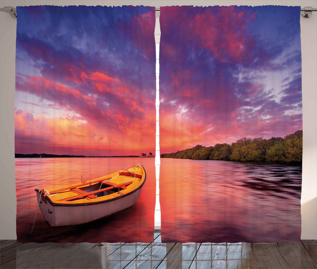 ABAKUHAUS Sonnenuntergang Rustikaler Vorhang, Meerküste mit einem Ruderboot, Wohnzimmer Universalband Gardinen mit Schlaufen und Haken, 280 x 245 ...