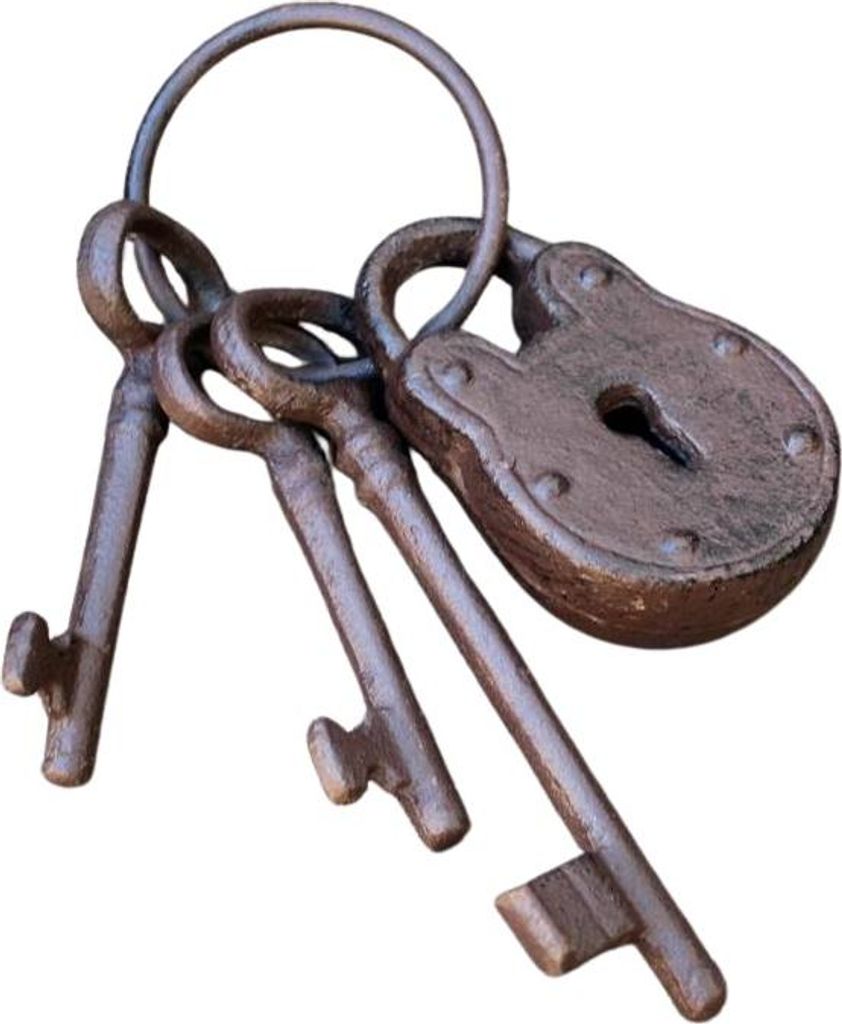A set of old, rusty keys and a padlock on a white background.