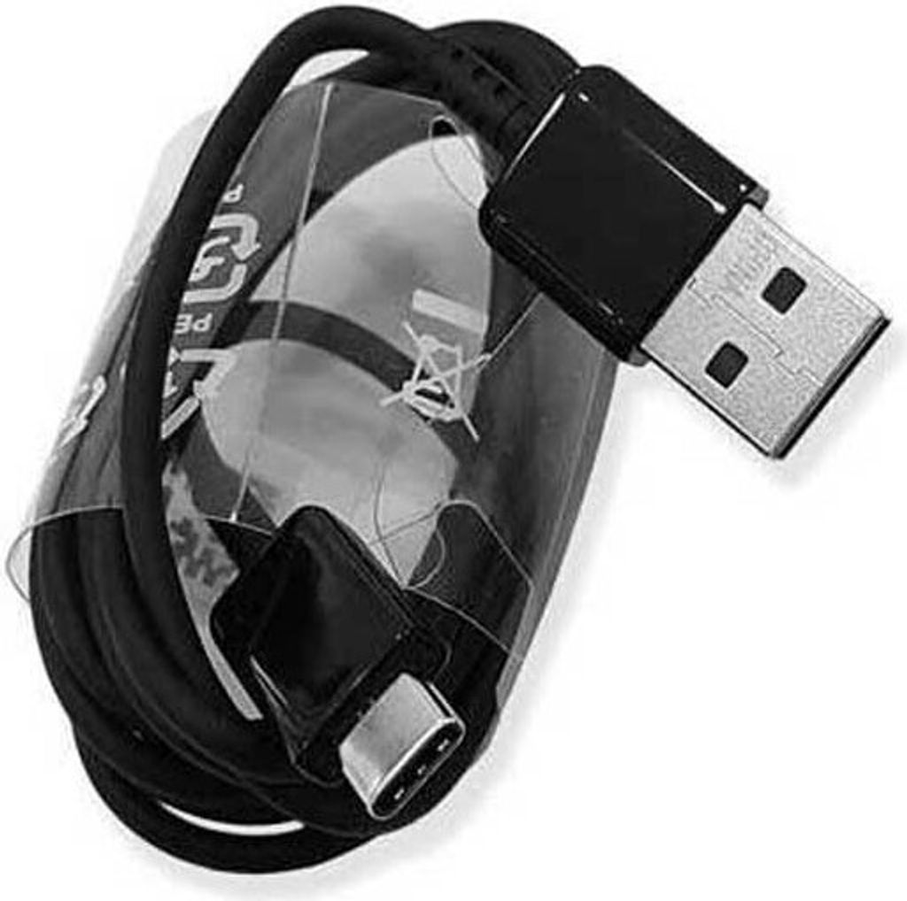 A black USB-C cable coiled inside its clear plastic packaging.