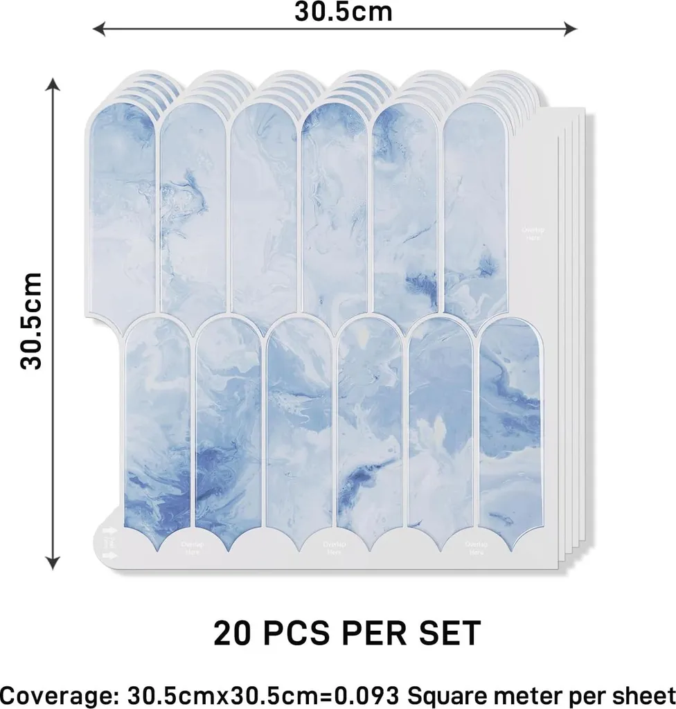 Pannelli Adesivi 3D Blu per Cucina e Bagno - 20 Pezzi 30,5x30,5 cm - 3