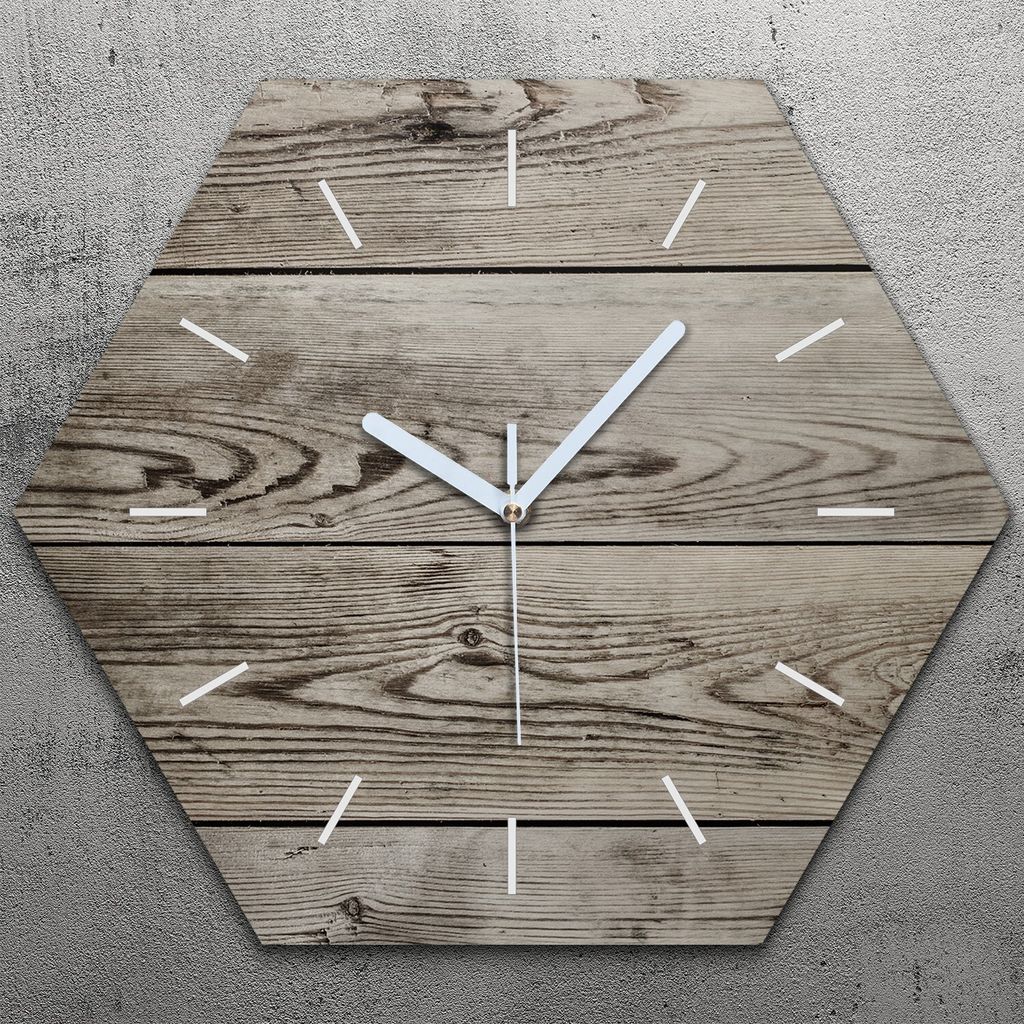 Uhr hexagonal 40 cm Glas Geräuschlos weiße Zeiger - Dunkle Holz
