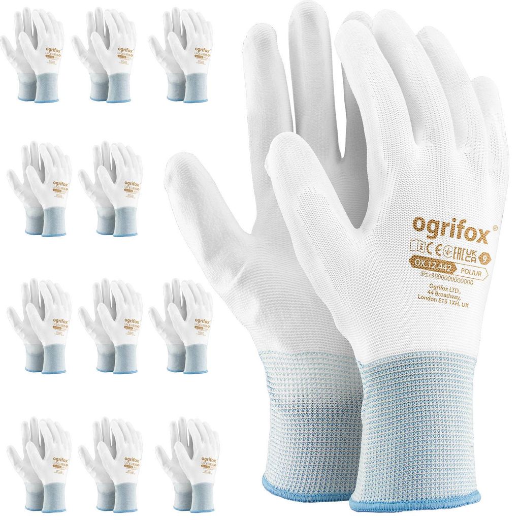 A group of white work gloves are displayed, with a close-up view of a pair of gloves on the right.