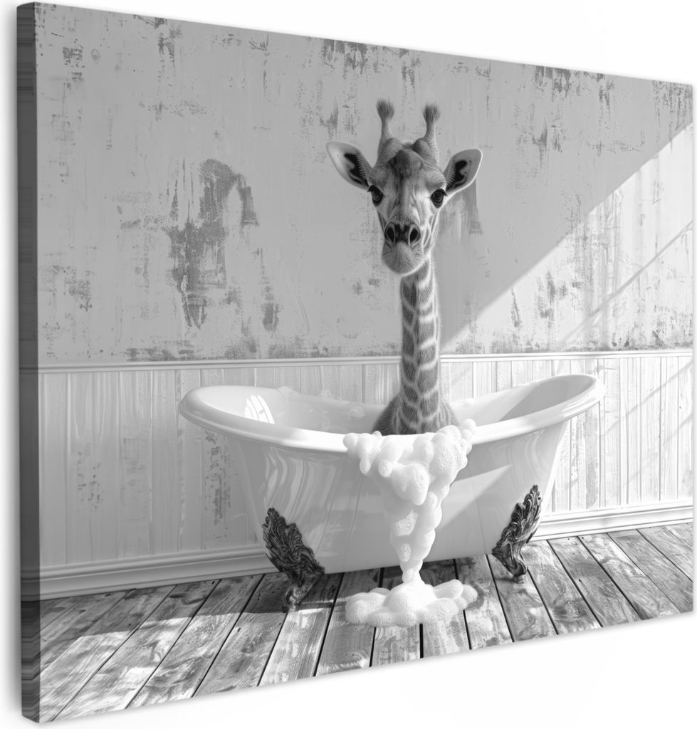 MuchoWow - Leinwandbilder - Giraffe - Tier - Badewanne - Vintage - Schwarz - Weiß, Wandbild, Wanddeko Bilder Wohnzimmer, 40x30 cm