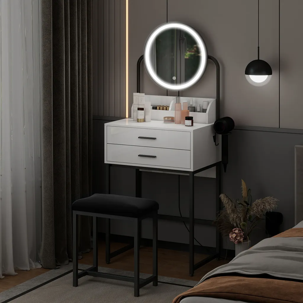 Coiffeuse LED Noire 3 Modes de Couleur avec Support Sèche-Cheveux - 6