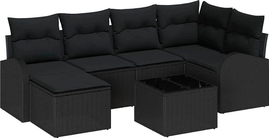 Sofa Set mit Kissen mit Speicher 7 pcs Schwarz Poly-Rattan