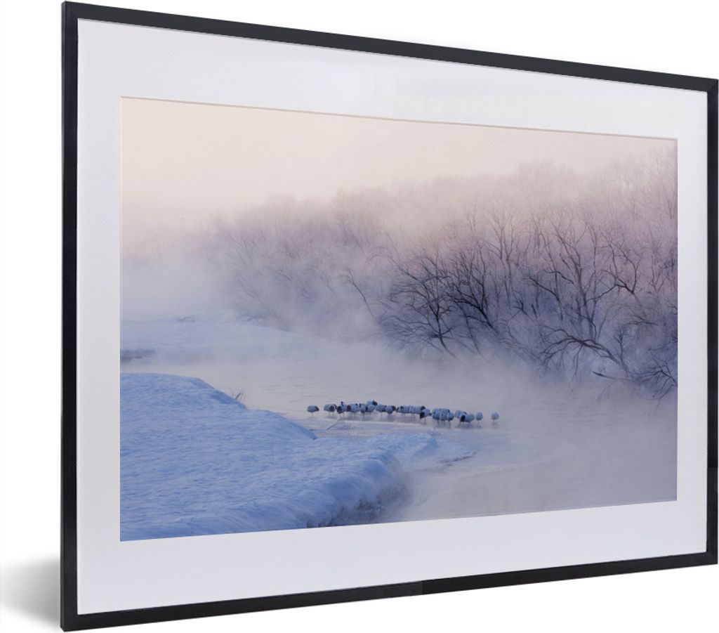 MuchoWow MuchoWow Gerahmtes Poster Vogel - Nebel - Fluss - Winter - Eis 40x30 cm - Poster mit zchwarzem Bilderrahmen - Bilderrahmen - Poster im...