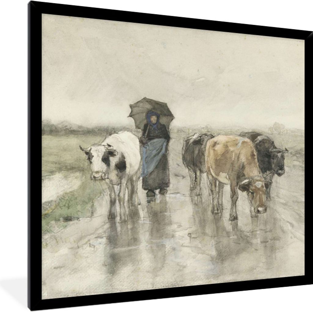 MuchoWow Gerahmtes Poster Eine Bäuerin mit Kühen auf einer Landstraße im Regen - Gemälde von Anton Mauve 40x40 cm - Poster mit Schwarzem Bild...