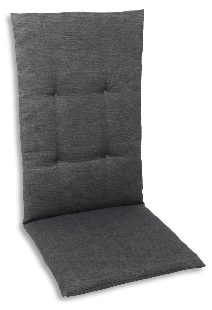 A dark gray chair cushion is shown on a white background.