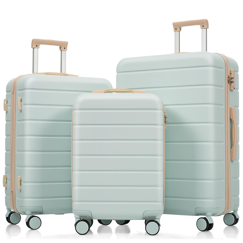 Three suitcases of varying sizes are displayed against a white background.