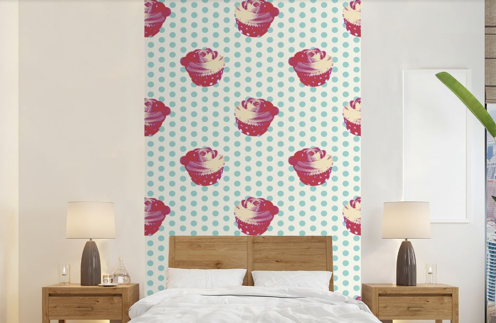 MuchoWow Fototapete für Wohnzimmer oder Schlafzimmer Wandtapete Vinyl Motivtapete Muster - Cupcake - Lebensmittel - 150x240 cm - Tapeten