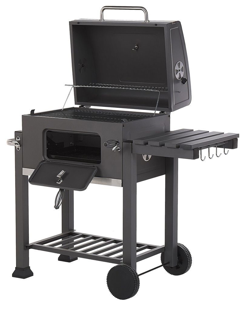 BELIANI Holzkohlegrill Grau Edelstahl rechteckig mit Aktivbelüftung Deckel Kurbel Thermometer Warmhalterost Ablage Aschelade Rollen integriertem F...
