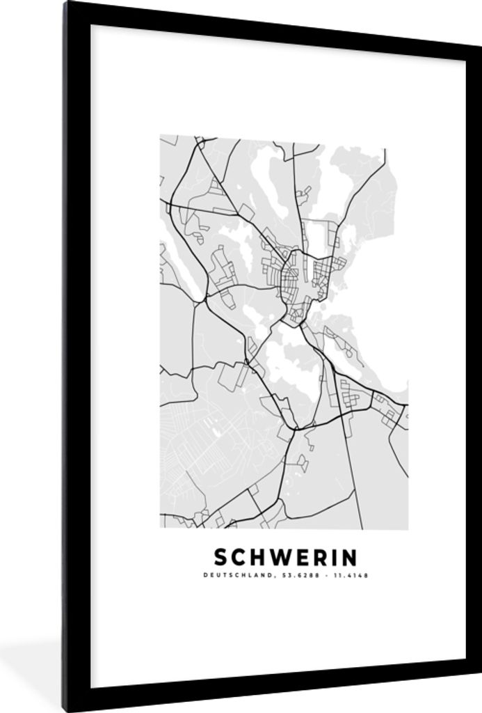 MuchoWow Gerahmtes Poster Deutschland - Karte - Schwerin - Stadtplan 60x90 cm - Poster mit Schwarzem Bilderrahmen Wandposter Rahmen Foto Bilder -...