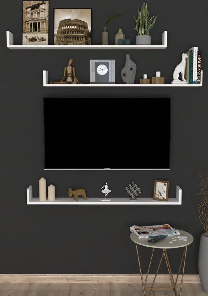 Étagère murale dorée salon, lot de 3 rangements suspendus blanc 120cm