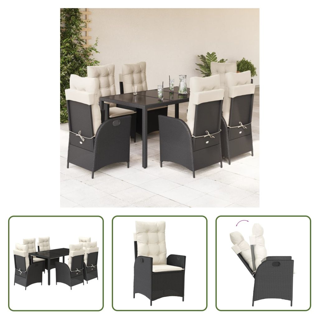 The Living Store 7-tlg. Garten-Essgruppe mit Kissen Schwarz Poly Rattan