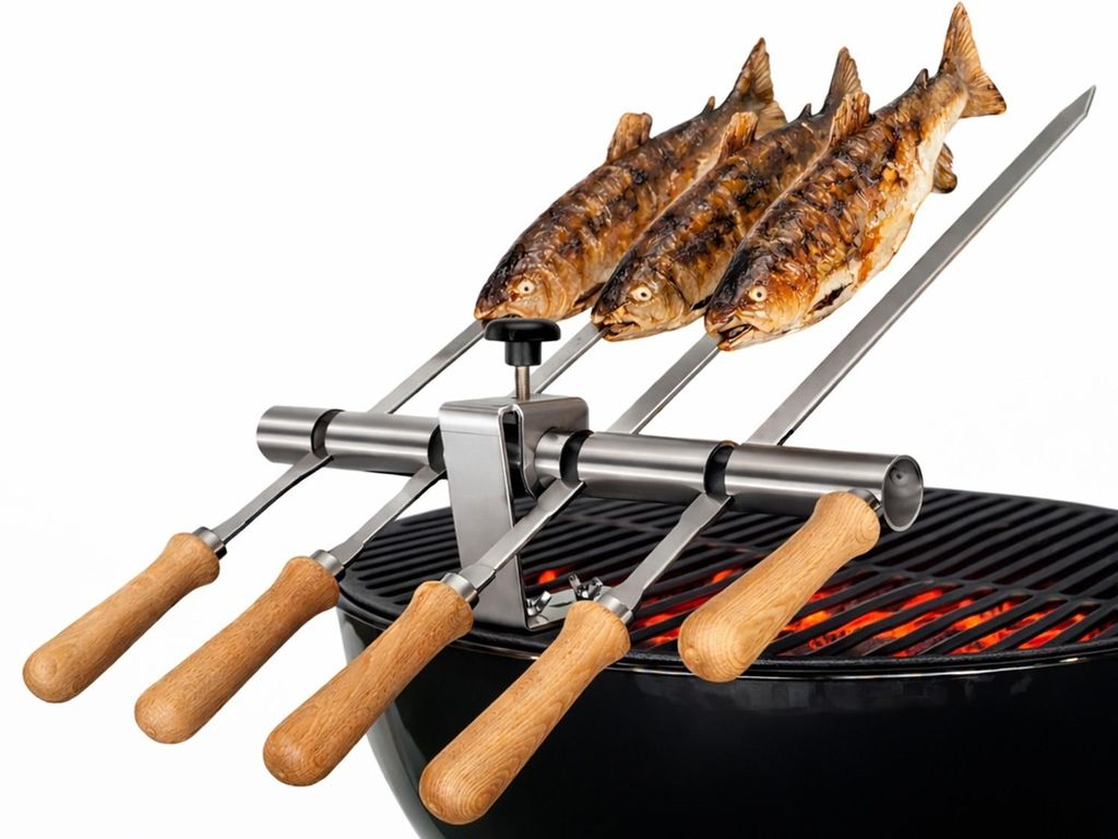 Steckerlfisch Halter für Grillroste mit 4 Edelstahlspießen